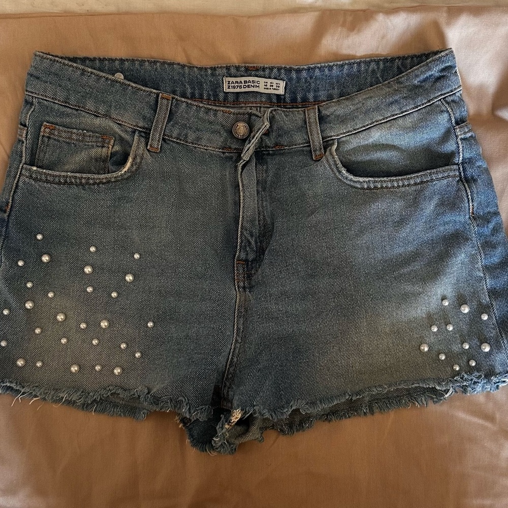 Zara Distressed Denim Shorts with Pearl Details
